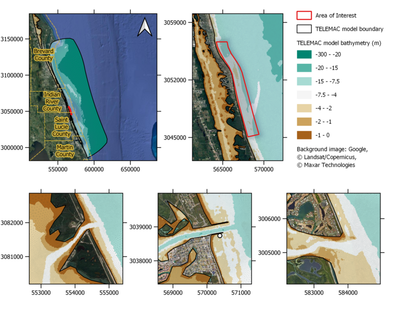 Fig. 1 Model spatial discretization with bathymetry in metres (top left). Available tide measurements (top right). Available wave measurements (middle). Sebastian Inlet (bottom left). Fort Pierce Inlet (bottom middle). St. Lucie Inlet (Bottom right).